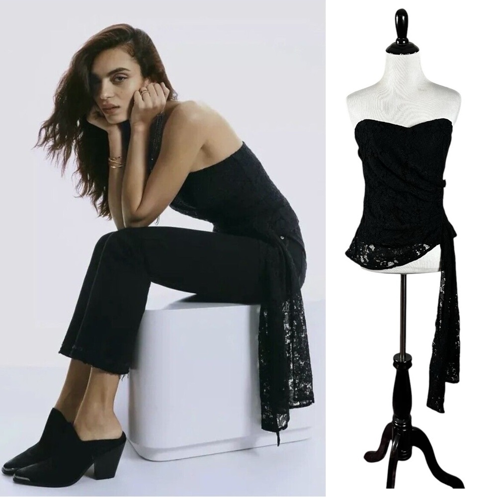 Anthropologie Black Strapless Lace Peplum Top
